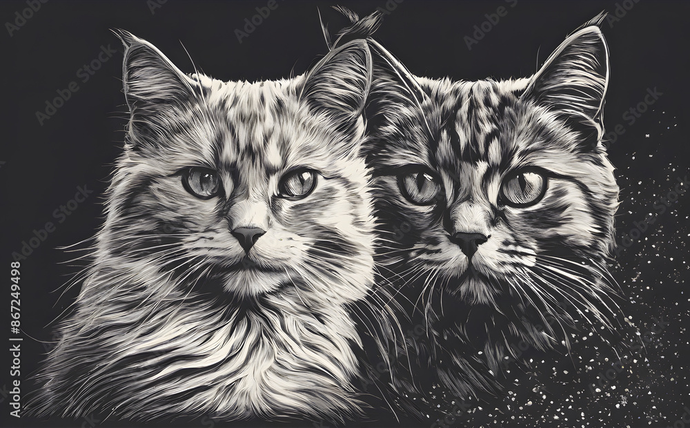 custom made wallpaper toronto digitalBlack and white illustration of a cat with detailed fur, expressive eyes and a calm expression.