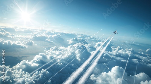 Sky dominator: Jetfighter racing above the clouds, leaving trails of speed and precision, highlighting modern aviation technology photo