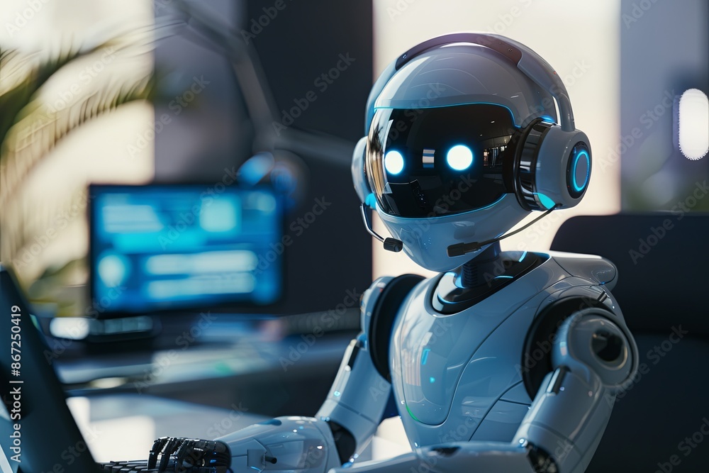 Friendly robot working in a call center Friendly robot working in a call center