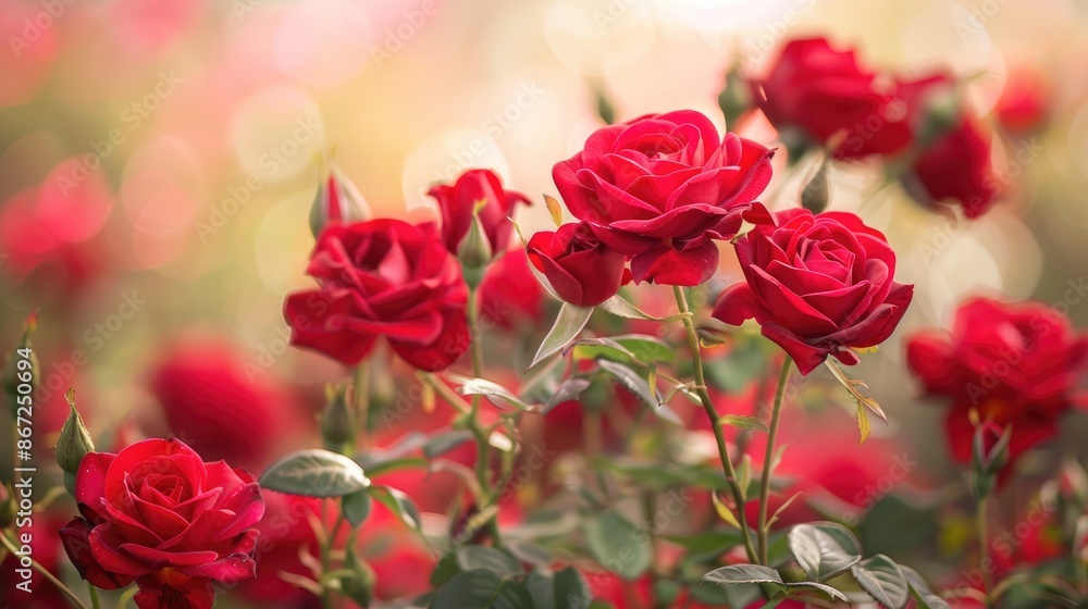 Vibrant romance: An array of red roses against a blurred background, showcasing the richness and elegance of these classic flowers Vibrant romance: An array of red roses against a blurred background, showcasing the richness and elegance of these classic flowers