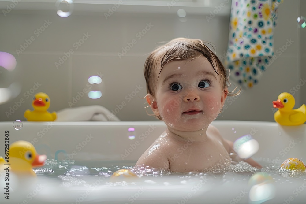 A little girl is sitting in the bathtub playing with water A little girl is sitting in the bathtub playing with water