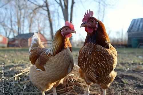 Two brown chickens are standing on a farm on a sunny day