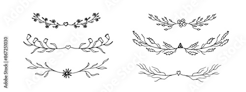 Set of ornate floral border dividers for decorating postcards, invites, banners. Vector illustration of blades of grass and leaves in the doodle style.