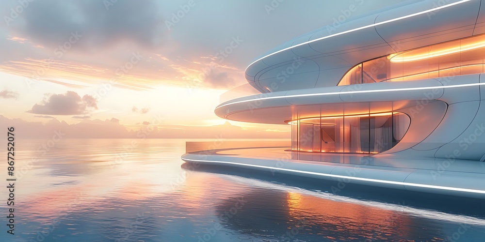 Obraz premium 3D render of a modern building in the sea at sunset.