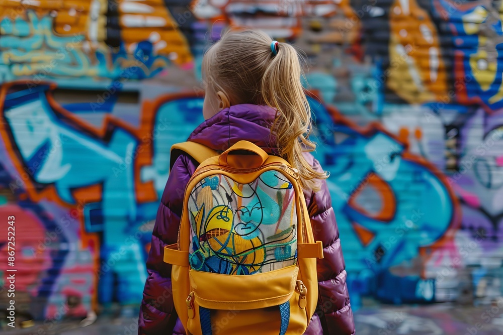 Obraz premium Young girl wearing a backpack is admiring a colorful graffiti wall