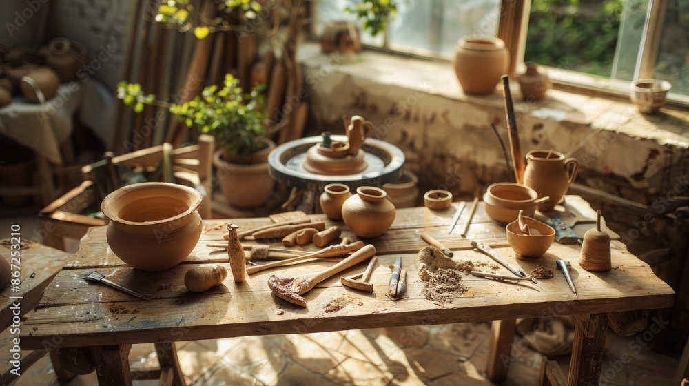 A wooden table dedicated to the art of pottery with clay, sculpting tools, and a pottery wheel, set against a backdrop of natural light, perfect for mastering ceramic art. A wooden table dedicated to the art of pottery with clay, sculpting tools, and a pottery wheel, set against a backdrop of natural light, perfect for mastering ceramic art.