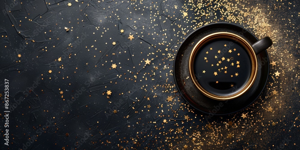 A dark, elegant background with scattered gold confetti and a black and gold pot, creating a festive atmosphere. A dark, elegant background with scattered gold confetti and a black and gold pot, creating a festive atmosphere.