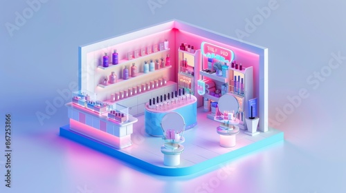 Isometric 3D render of a modern beauty shop collection room photo