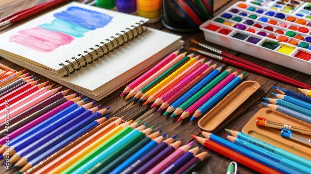 A wooden table from a top view, covered with sketchbooks, colored pencils, and watercolor sets, arranged neatly to inspire a love of learning art. A wooden table from a top view, covered with sketchbooks, colored pencils, and watercolor sets, arranged neatly to inspire a love of learning art.