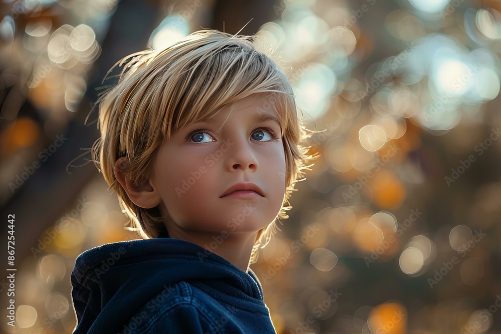 Blond boy wearing a blue jacket, illuminated by warm sunlight with an autumnal bokeh background Blond boy wearing a blue jacket, illuminated by warm sunlight with an autumnal bokeh background