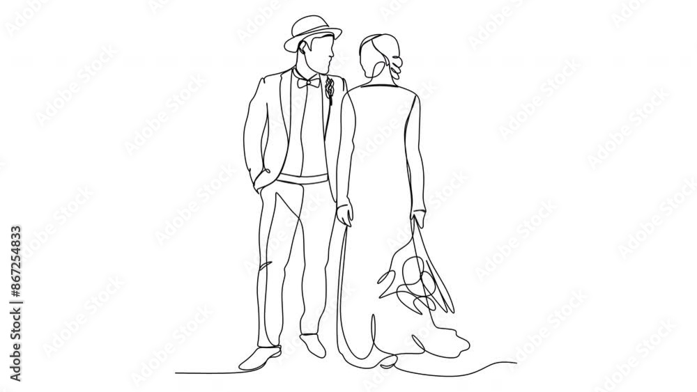 Linear drawing of bride and groom wedding. Vector illustration Linear drawing of bride and groom wedding. Vector illustration