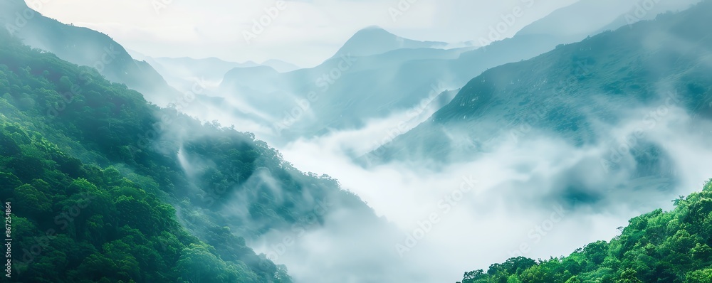 Serene mountain landscape with lush greenery and misty fog enveloping the valleys, creating a tranquil and ethereal atmosphere. Serene mountain landscape with lush greenery and misty fog enveloping the valleys, creating a tranquil and ethereal atmosphere.