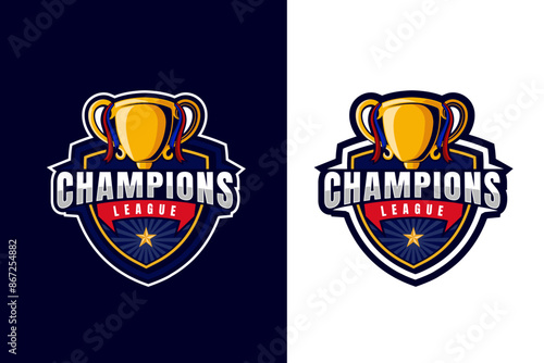 Champions league logo badge featuring trophy with ribbons