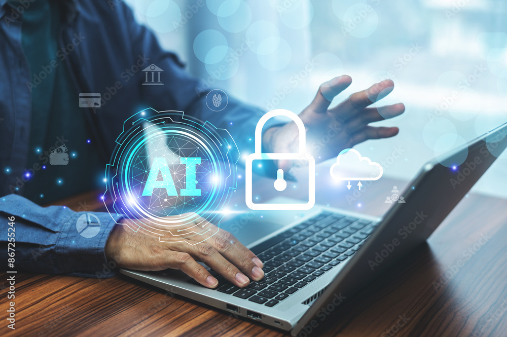 Businessman using AI technology for cybersecurity enhances threat detection and response capabilities, safeguarding digital environments from evolving risks.