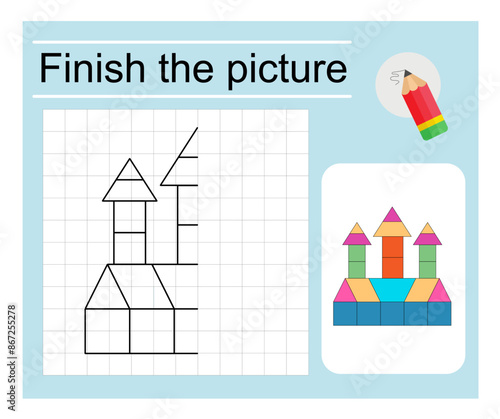 Logic game for children. Finish the picture - cartoon fortress. Coloring page.