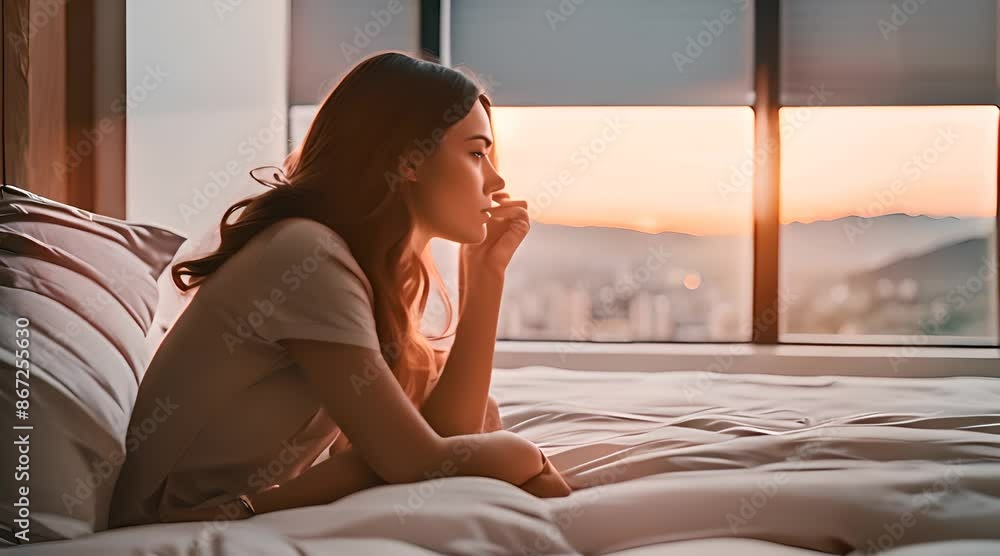 Young Woman in Distress Sitting on Bed with Bright Window Young Woman in Distress Sitting on Bed with Bright Window