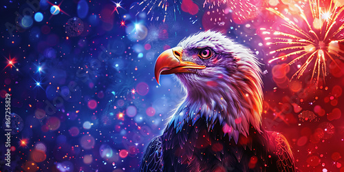 Portrait of a bald eagle Happy 4th of July banner fireworks and particles bokeh blue and red background with copyspace © Muhammad