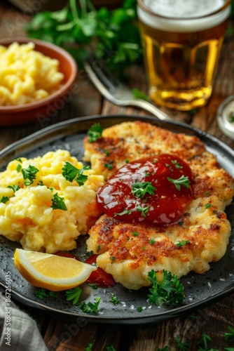 Wiener Schnitzel : with a lemon wedge, parsley garnish, and a glass of golden beer on the side.