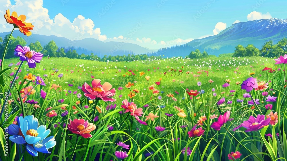 Fototapeta premium Scenic Landscape of a Vibrant Wildflower Meadow with Mountains
