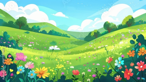 Scenic View of Rolling Green Hills, a Colorful Flower Meadow, and a Blue Sky with Fluffy Clouds. Ideal for nature, spring, and summer themes
