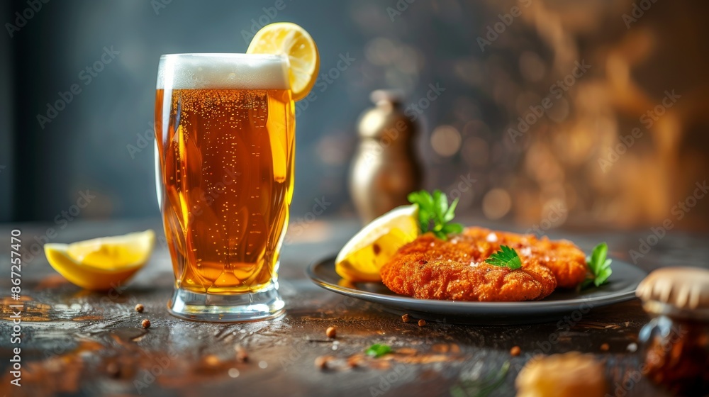 Traditional Wiener Schnitzel : with a lemon wedge, parsley garnish, and a glass of golden beer on the side. Traditional Wiener Schnitzel : with a lemon wedge, parsley garnish, and a glass of golden beer on the side.