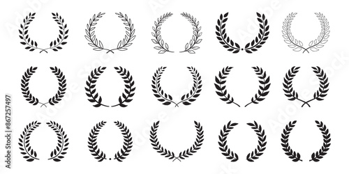 Laurel wreath. Set outline silhouette hand drawn laurel wreaths isolated Doodle floral frames.