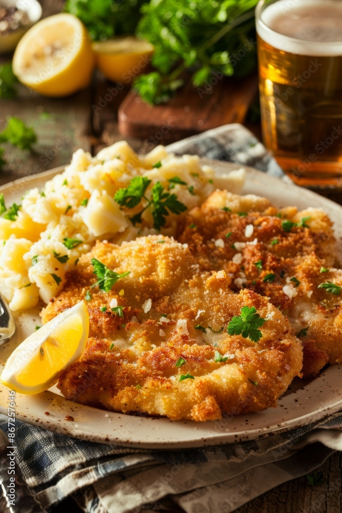 Traditional Wiener Schnitzel : with a lemon wedge, parsley garnish, and a glass of golden beer on the side. Traditional Wiener Schnitzel : with a lemon wedge, parsley garnish, and a glass of golden beer on the side.