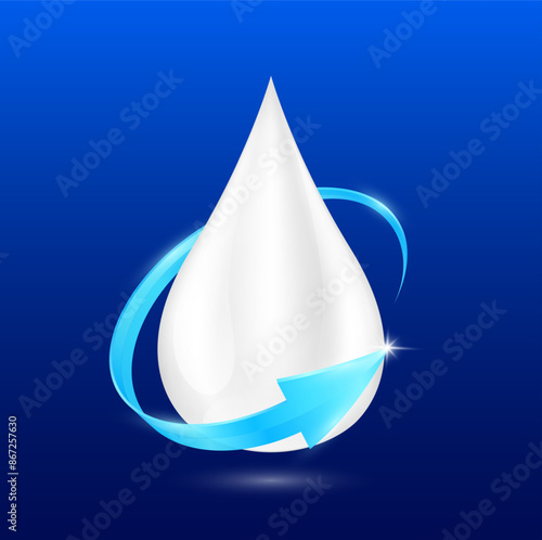 Milk droplets surrounded by blue arrows on dark background for products design supplement food. Essential nutrients amino acids vitamins minerals enhance the body immunity. Vector EPS10.