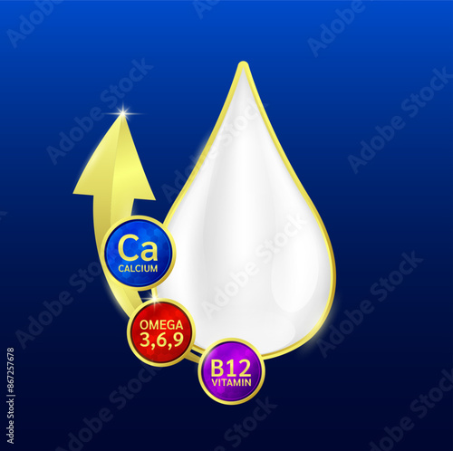 Milk droplets surrounded by gold arrows with Calcium vitamin B12 and Omega 3 6 9. Essential nutrients amino acids for body health. Products design supplement food. Vector EPS10.