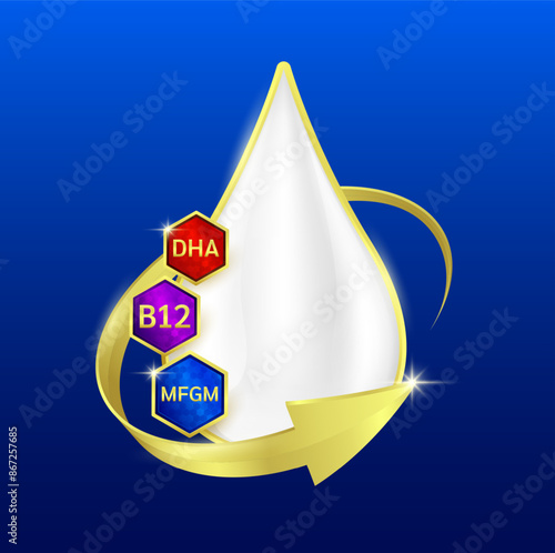 Milk droplets. Vitamin B12, Omega DHA and MFGM (Milk Fat Globule Membrane) surrounded by arrows. Essential nutrients amino acids for body health. Products design supplement food. Vector.