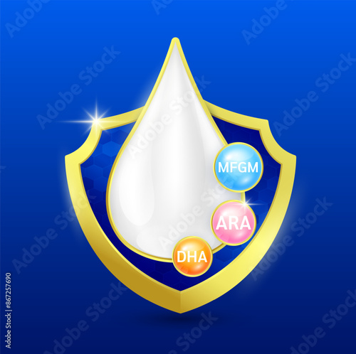 Milk droplets in golden shield with Omega DHA, ARA and MFGM (Milk Fat Globule Membrane). Essential nutrients amino acids for body health. Products design supplement food. On blue background 3D Vector.