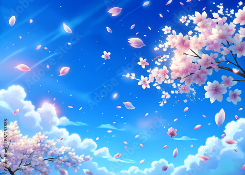 Illustration of blue sky and falling cherry blossom petals spring background, Japanese Sakura