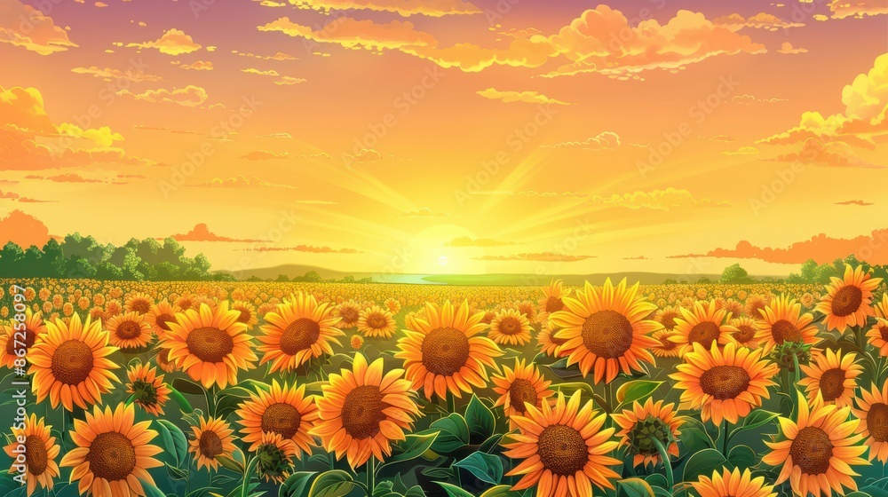 Fototapeta premium Beautiful sunset over a vibrant sunflower field. Summer landscape with golden light.