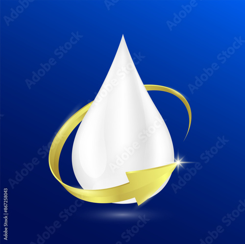 Milk drop surrounded by golden arrows on blue background. Nutrients minerals vitamins and amino acids essential body health. For products design supplement food. 3D Vector EPS10.