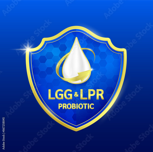 Milk droplets surrounded by gold arrows in shield with Probiotic LPR and LGG. Essential nutrients vitamins amino acids for body health. Products design supplement food. Vector EPS10.