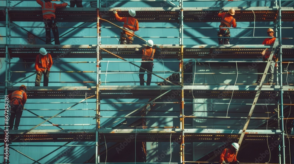 Obraz premium A team of construction workers assembling scaffolding, representing teamwork and safety