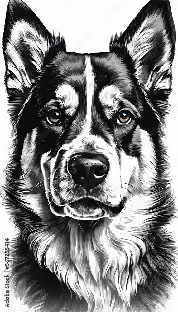 Digital black and white illustration of a dog with detailed fur and expressive eyes. Digital black and white illustration of a dog with detailed fur and expressive eyes.