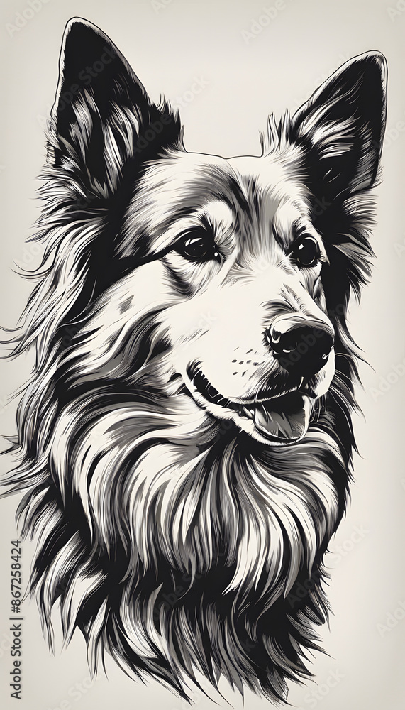 Digital black and white illustration of a dog with detailed fur and expressive eyes. Digital black and white illustration of a dog with detailed fur and expressive eyes.
