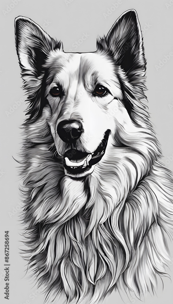 Digital black and white illustration of a dog with detailed fur and expressive eyes. Digital black and white illustration of a dog with detailed fur and expressive eyes.