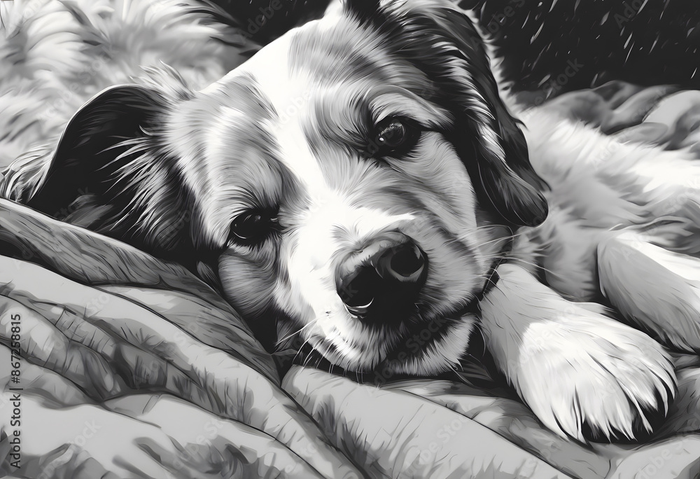 Digital black and white illustration of a dog with detailed fur and expressive eyes. Digital black and white illustration of a dog with detailed fur and expressive eyes.