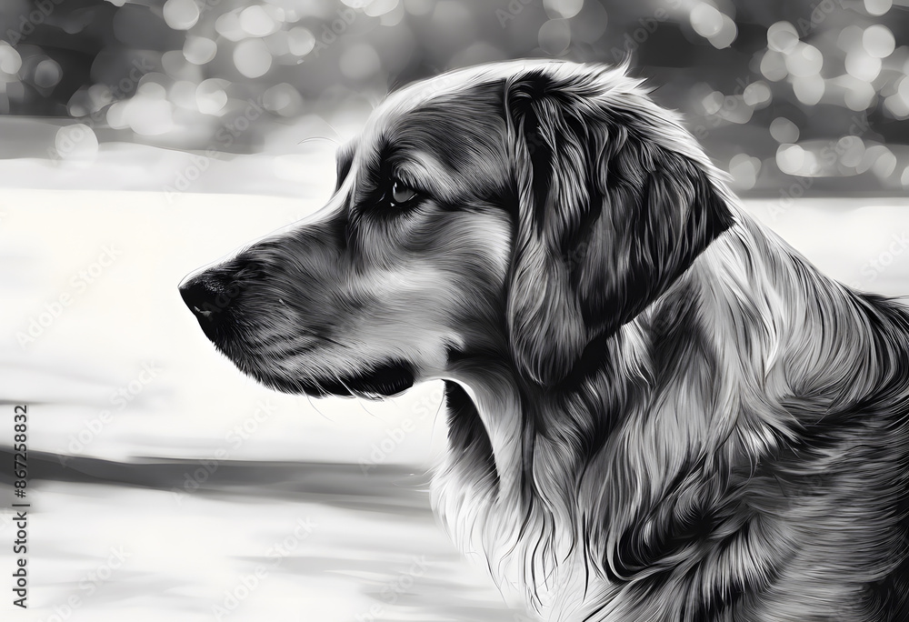 Digital black and white illustration of a dog with detailed fur and expressive eyes. Digital black and white illustration of a dog with detailed fur and expressive eyes.