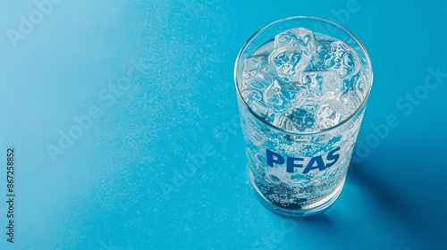 Contaminated PFAS in water glass, human health risks, light blue background, banner with copy space photo