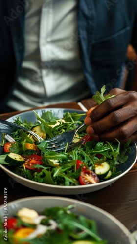 A person eats a fresh green salad with a fork