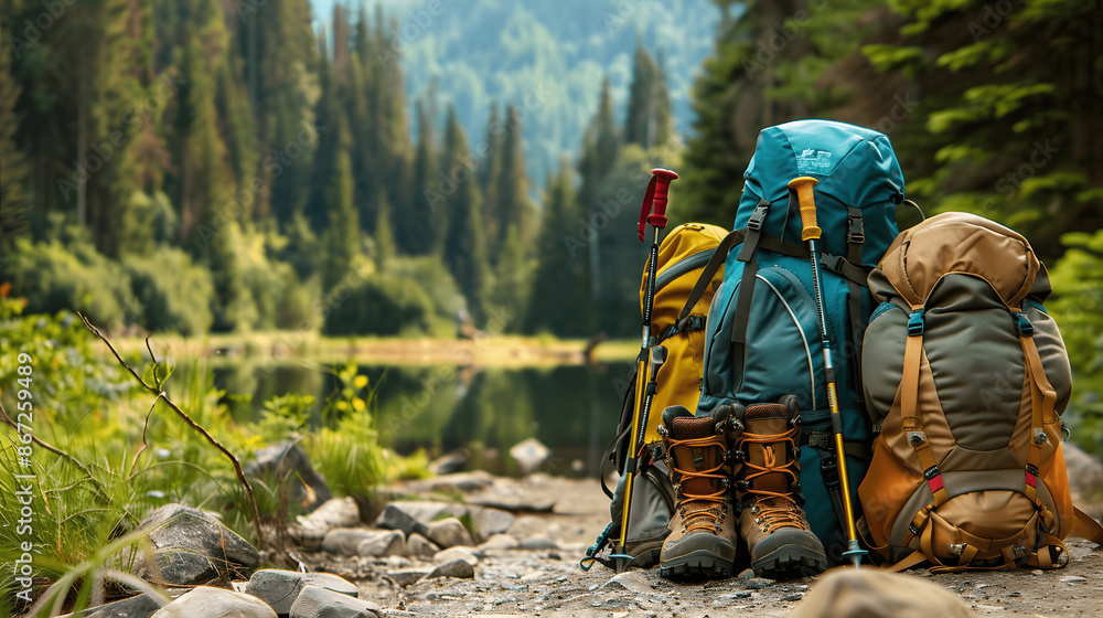 Hiking gear with backpacks, trekking poles, and boots in nature Hiking gear with backpacks, trekking poles, and boots in nature
