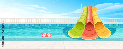 Beautiful clear pool with water park slides tube. Bright clear water in pool, colorful pipes. Vector illustration with sky on background