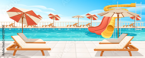 Beautiful clear pool with water park slides tube, sunbed and umbrella. Bright clear water in pool, colorful pipes. Vector illustration with sky on background