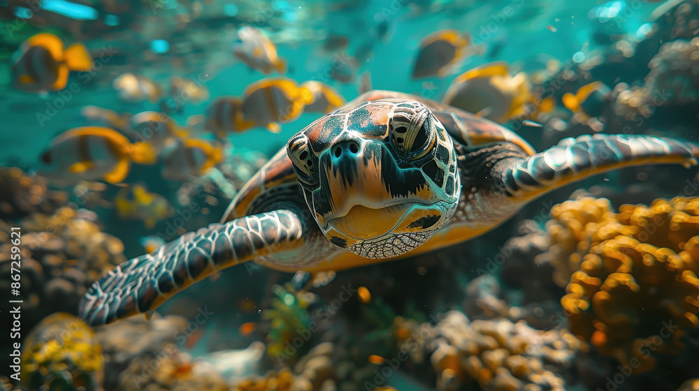 A turtle is swimming in the ocean with many fish around it. The turtle is the main focus of the image, and it is enjoying its time in the water. The fish are scattered throughout the scene A turtle is swimming in the ocean with many fish around it. The turtle is the main focus of the image, and it is enjoying its time in the water. The fish are scattered throughout the scene