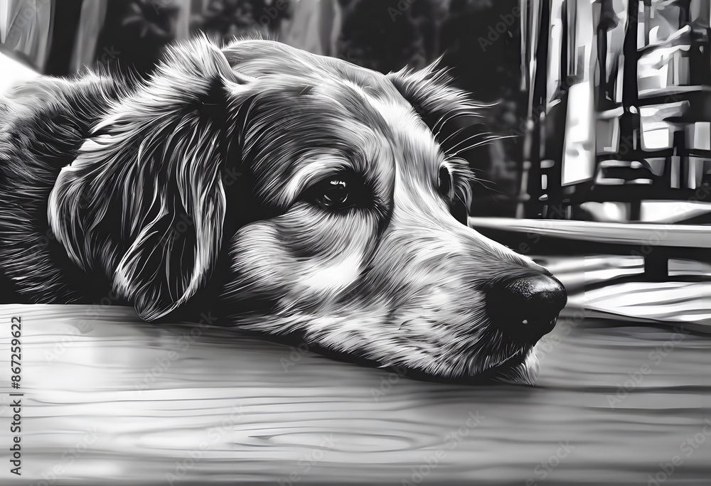Digital black and white illustration of a dog with detailed fur and expressive eyes. Digital black and white illustration of a dog with detailed fur and expressive eyes.