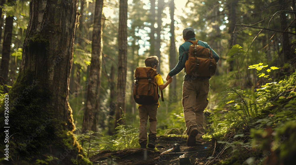 Father and son hiking through lush forest with backpacks Father and son hiking through lush forest with backpacks