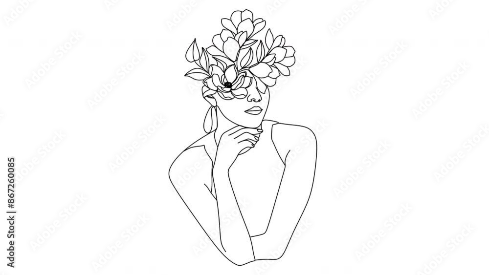 Woman face with flowers one line drawing. Continuous line drawing art ...